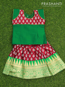 Banarasi kids lehanga green and red with patch work neck pattern and zari buttas & temple design border for 0 year