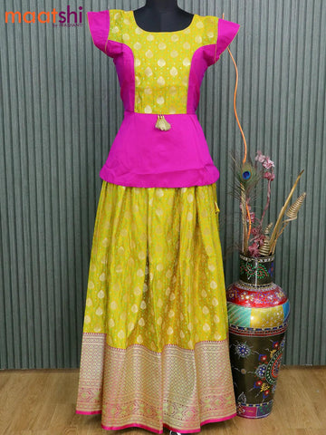 Banarasi kids lehanga magenta pink and dual shade of yellow with patch work neck pattern and zari weaves & long zari woven border for 16 years