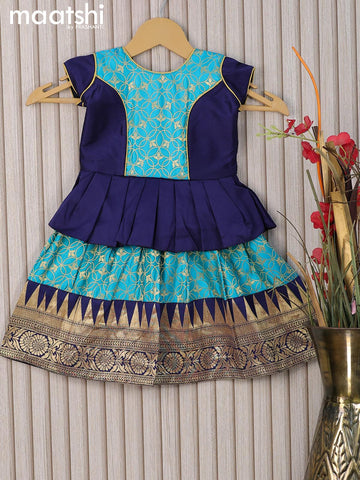 Banarasi kids lehanga navy blue and light blue with patch work neck pattern and allover zari weaves & temple design zari woven border for 0-6 months