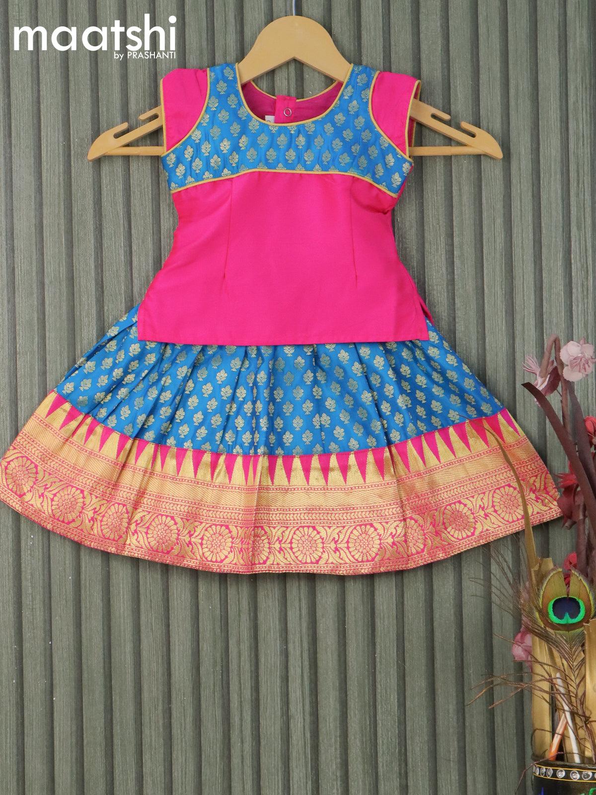 Banarasi kids lehanga pink and cs blue with patch work neck pattern and allover zari buttas & temple design zari woven border for 0-6 months