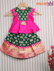 Banarasi kids lehanga pink and dark green with patch work neck pattern and allover zari weaves & temple design zari border for 0 year