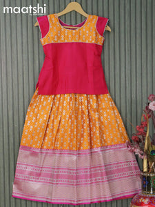 Banarasi kids lehanga pink and yellow with patch work neck pattern and allover silver zari weaves & long zari woven border for 8 years