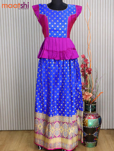 Banarasi kids lehanga purple and royal blue with patch work neck pattern and self emboss zari weaves & long zari border for 16 years