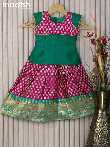 Banarasi kids lehanga teal green and pink with patch work neck pattern and allover zari buttas & temple design zari woven border for 1 year