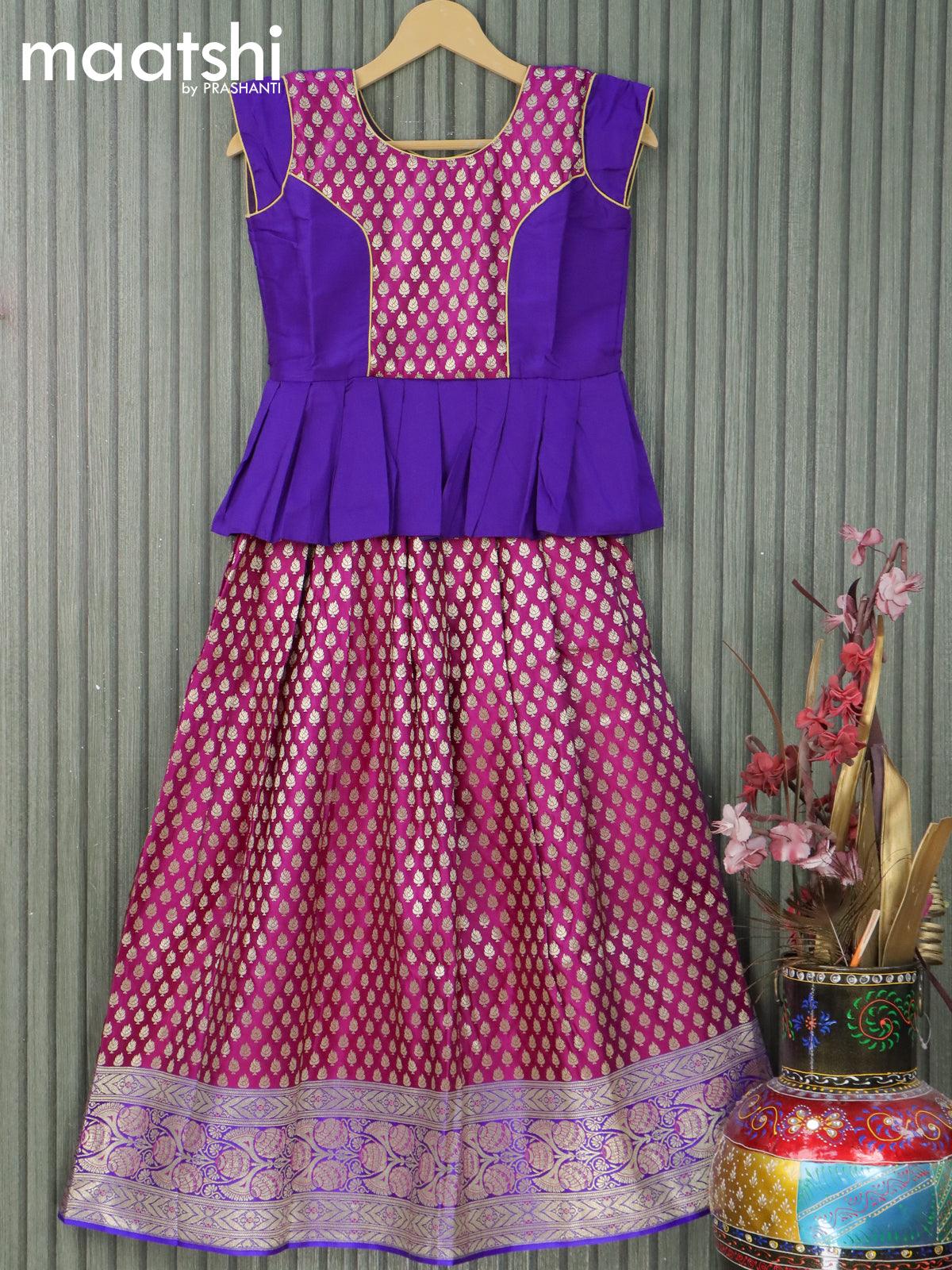 Banarasi kids lehanga violet and dark purple with patch work neck pattern and allover zari buttas & zari border for 10 years