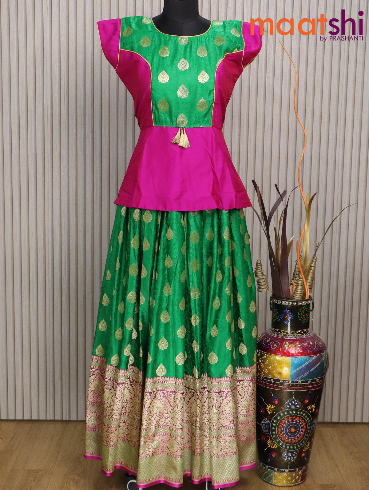 Banarasi kids lehenga magenta pink and green with patch work neck pattern and self emboss zari buttas & long border for 15 years