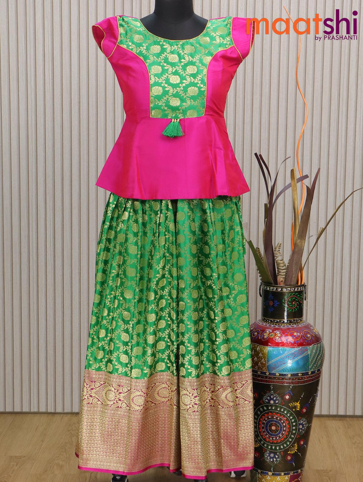 Banarasi kids lehenga pink and green with patch work neck pattern and allover floral zari weaves & zari border for 11 years