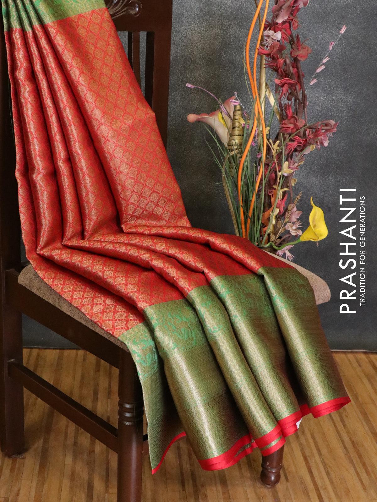 Banarasi kora saree red and green with allover zari weaves and long zari woven border