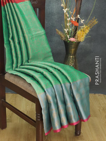 Banarasi kora saree teal green and pink with allover zari weaves and thread woven butta border