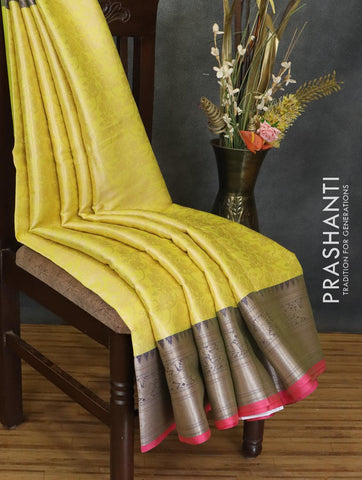 Banarasi kora saree yellow and blue with allover zari weaves and zari woven border