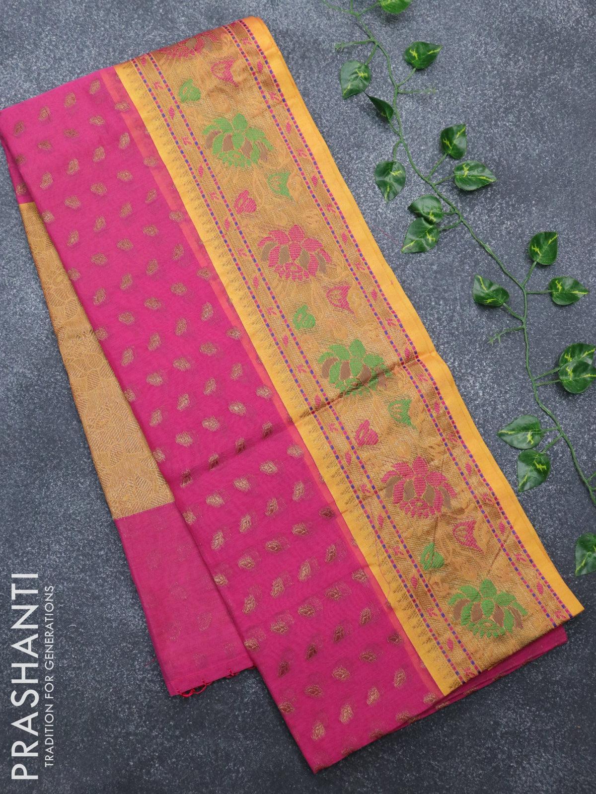 Banarasi semi cotton saree light pink and yellow with thread & zari woven buttas and paithani border