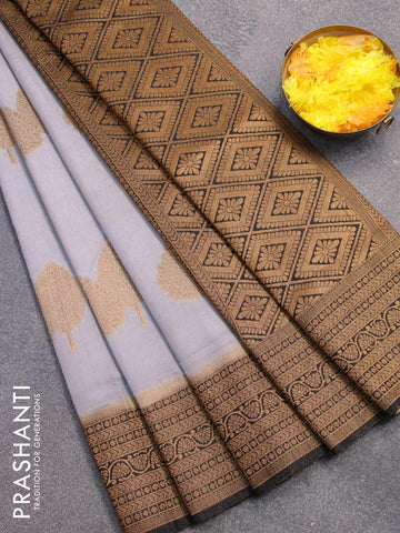 Banarasi semi dupion saree grey and black with allover thread & zari woven buttas and zari woven border