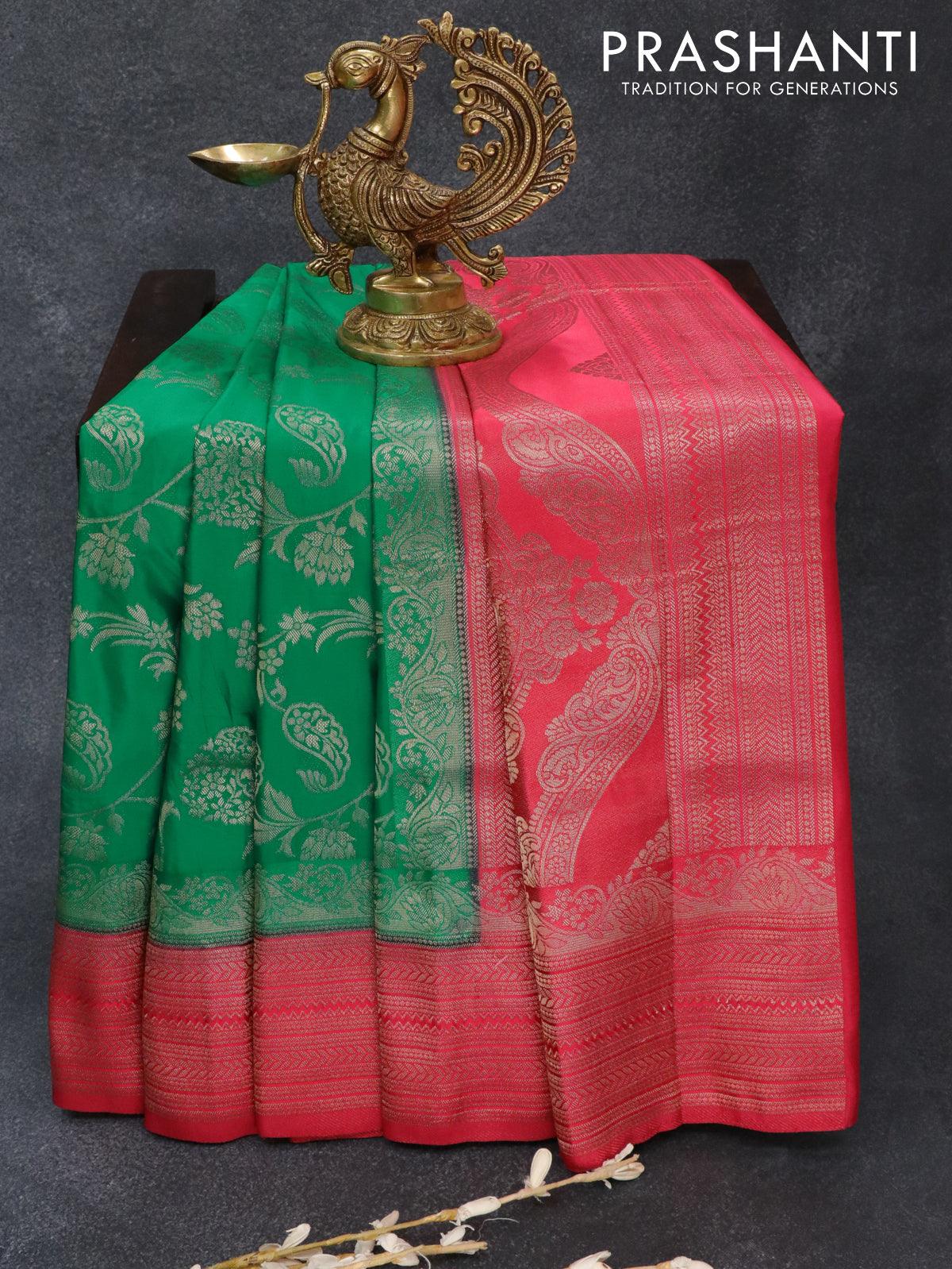 Banarasi semi katan saree teal green and reddish pink with allover floral zari weaves and zari woven border