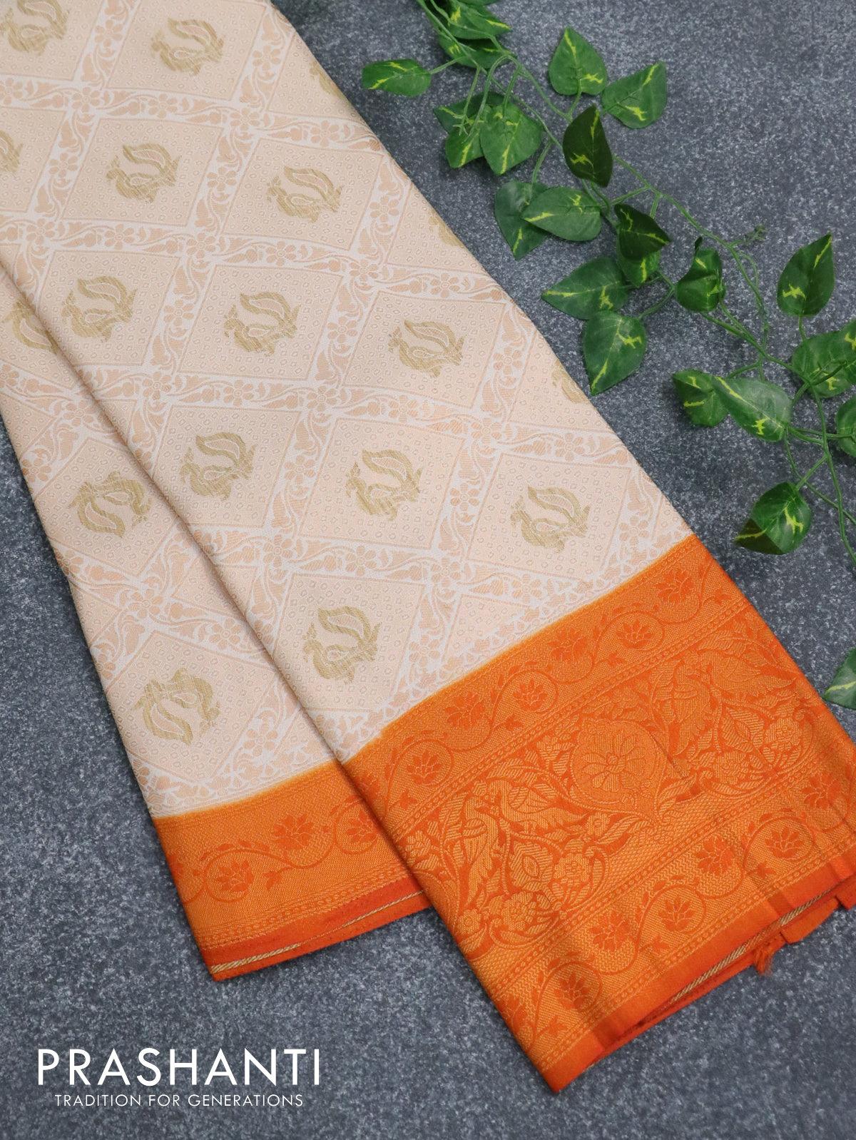 Banarasi semi silk saree cream and orange with allover zari weaves and zari woven border