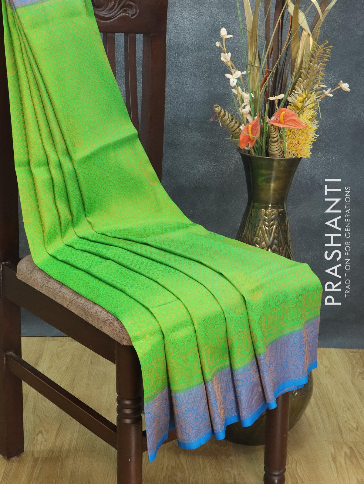 Banarasi semi silk saree light green and cs blue with allover zari weaves and zari woven border