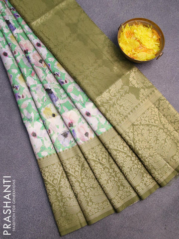 Banarasi softy silk saree green and mehendi green with allover zari weaves & floral digital prints and long zari woven border