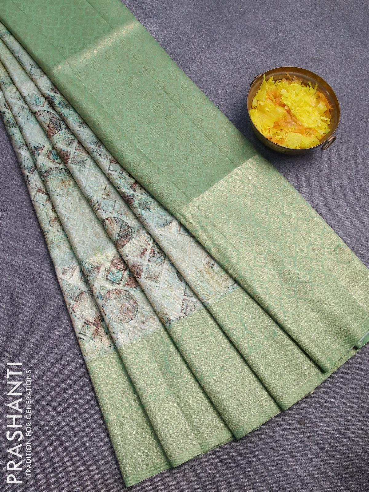 Banarasi softy silk saree green shade and green with allover zari weaves & geometric digital prints and long zari woven border