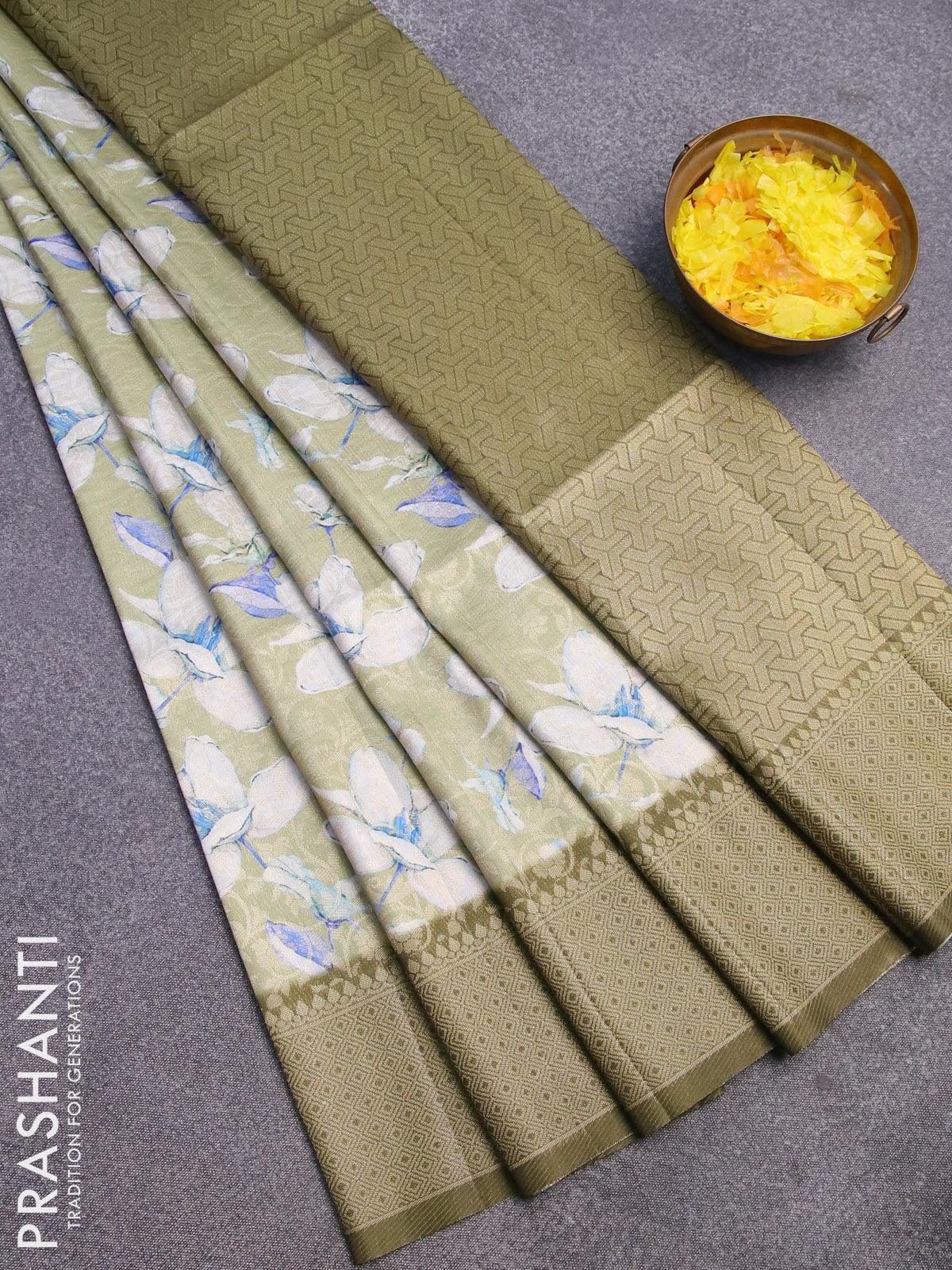 Banarasi softy silk saree pastel green and mehendi green with allover zari weaves & floral digital prints and zari woven border