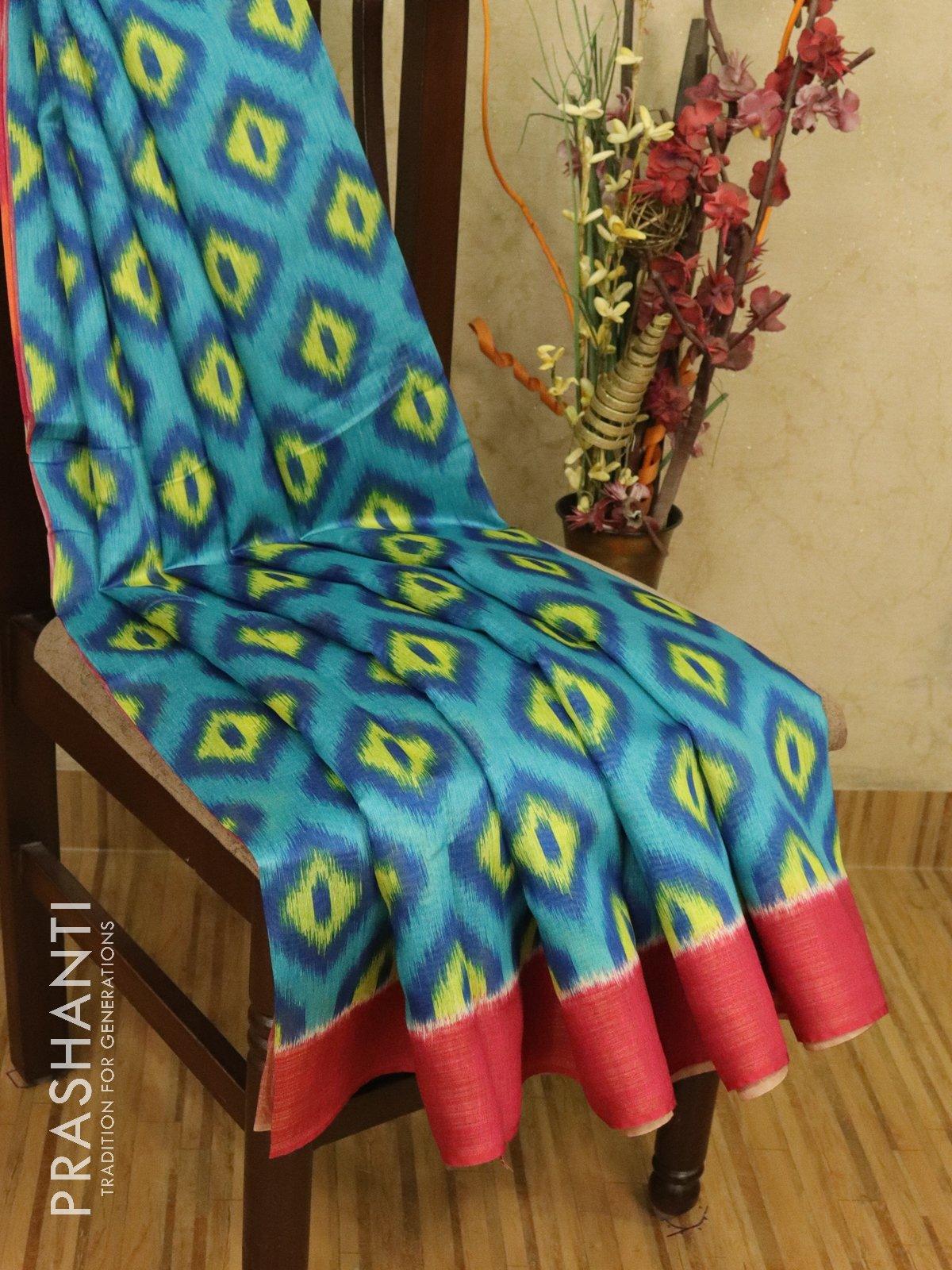 Bhagalpuri saree blue and pink with allover ikat prints and simple zari border