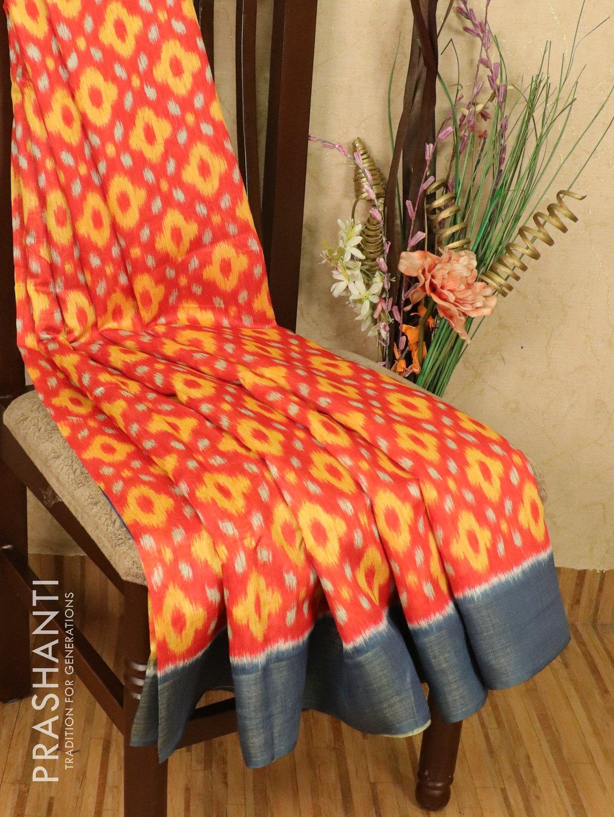 Bhagalpuri saree orange and grey with allover ikat prints and simple zari border