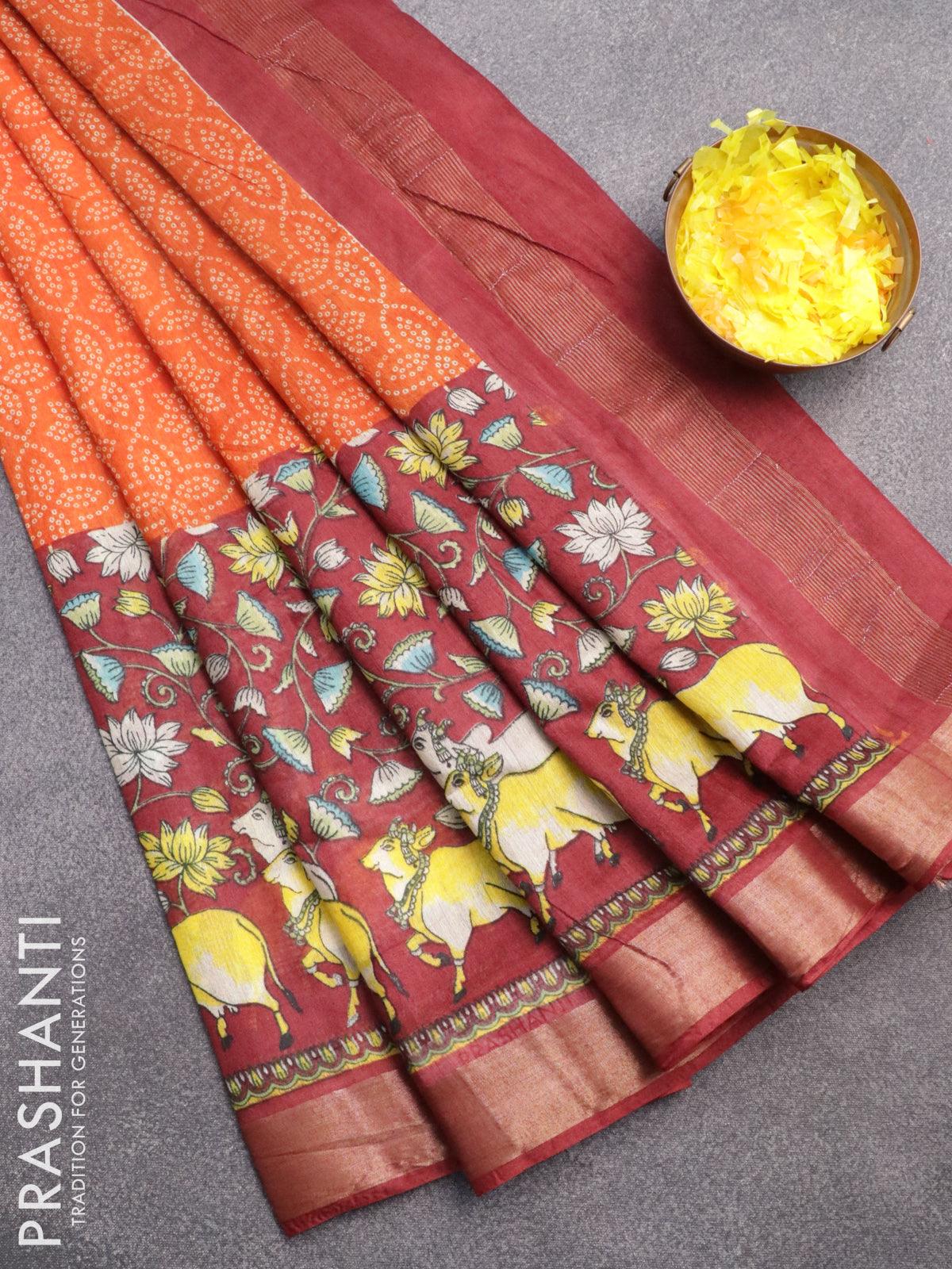 Bhagalpuri saree orange and maroon with allover bandhani prints and long pichwai printed zari woven border