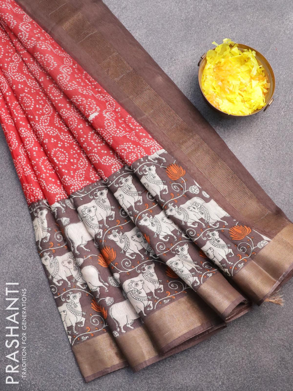 Bhagalpuri saree red and brown with allover bandhani prints and long pichwai printed zari woven border