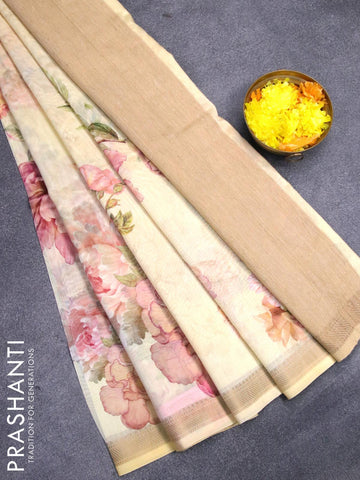 Chanderi silk cotton saree pale yellow with allover digital prints and woven border