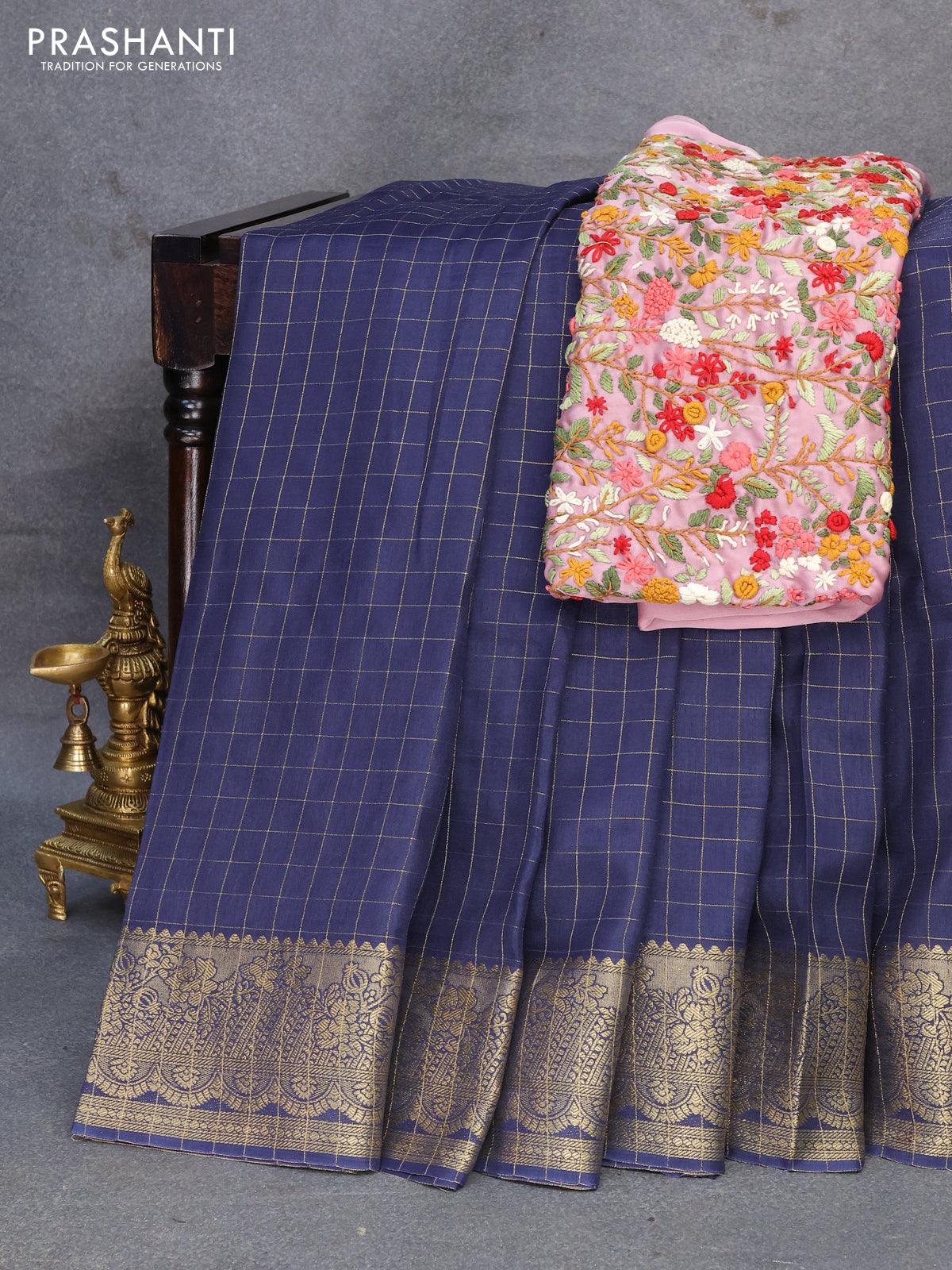 Dola silk saree dark blue and pastel pink with zari checked pattern and zari woven border with embroidery work blouse