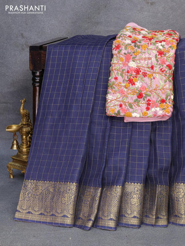 Dola silk saree dark blue and pastel pink with zari checked pattern and zari woven border with embroidery work blouse