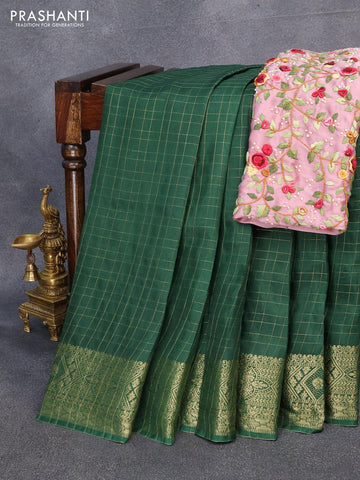 Dola silk saree green and pastel pink with zari checked pattern and zari woven border with embroidery work blouse