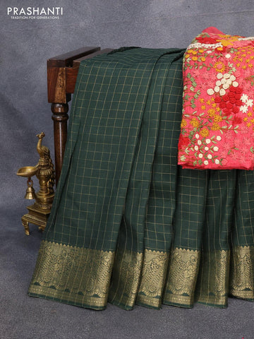 Dola silk saree green and pink with zari checked pattern and zari woven border with embroidery work blouse