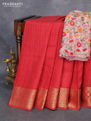 Dola silk saree maroon and pastel pink with zari checked pattern and zari woven border with embroidery work blouse