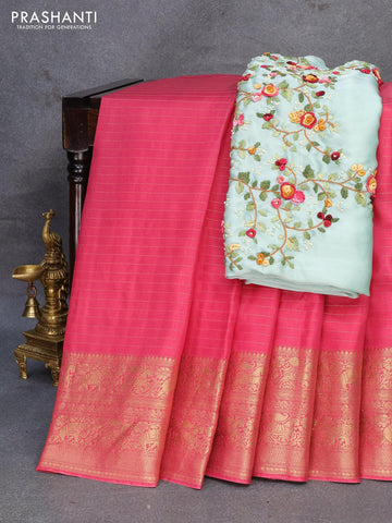 Dola silk saree pink shade and pastel blue with allover zari woven stripes pattern and zari woven border with embroidery work blouse