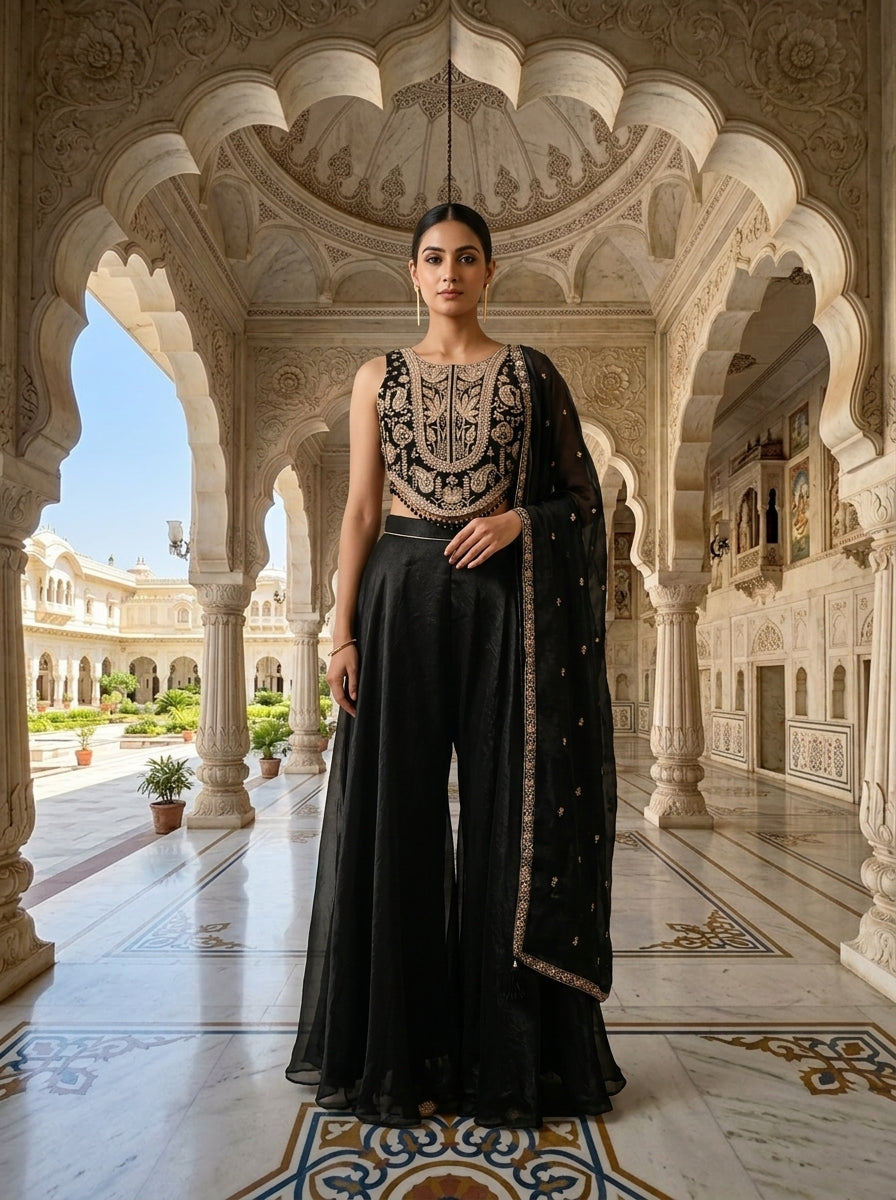 Black Cotton Zari And Stone Embroidery Top And Palazzo Set