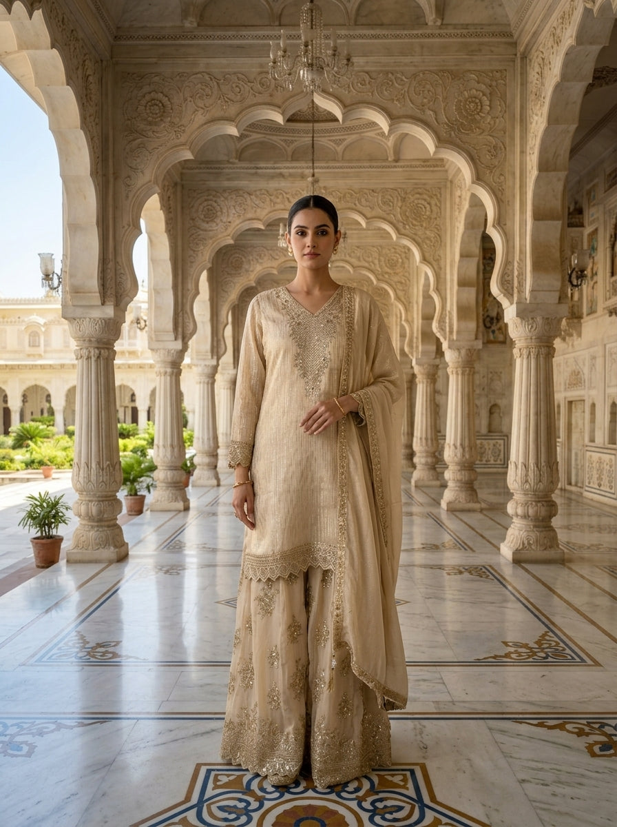 Beige Tissue Sequins And Zari Embroidered Three Piece Set