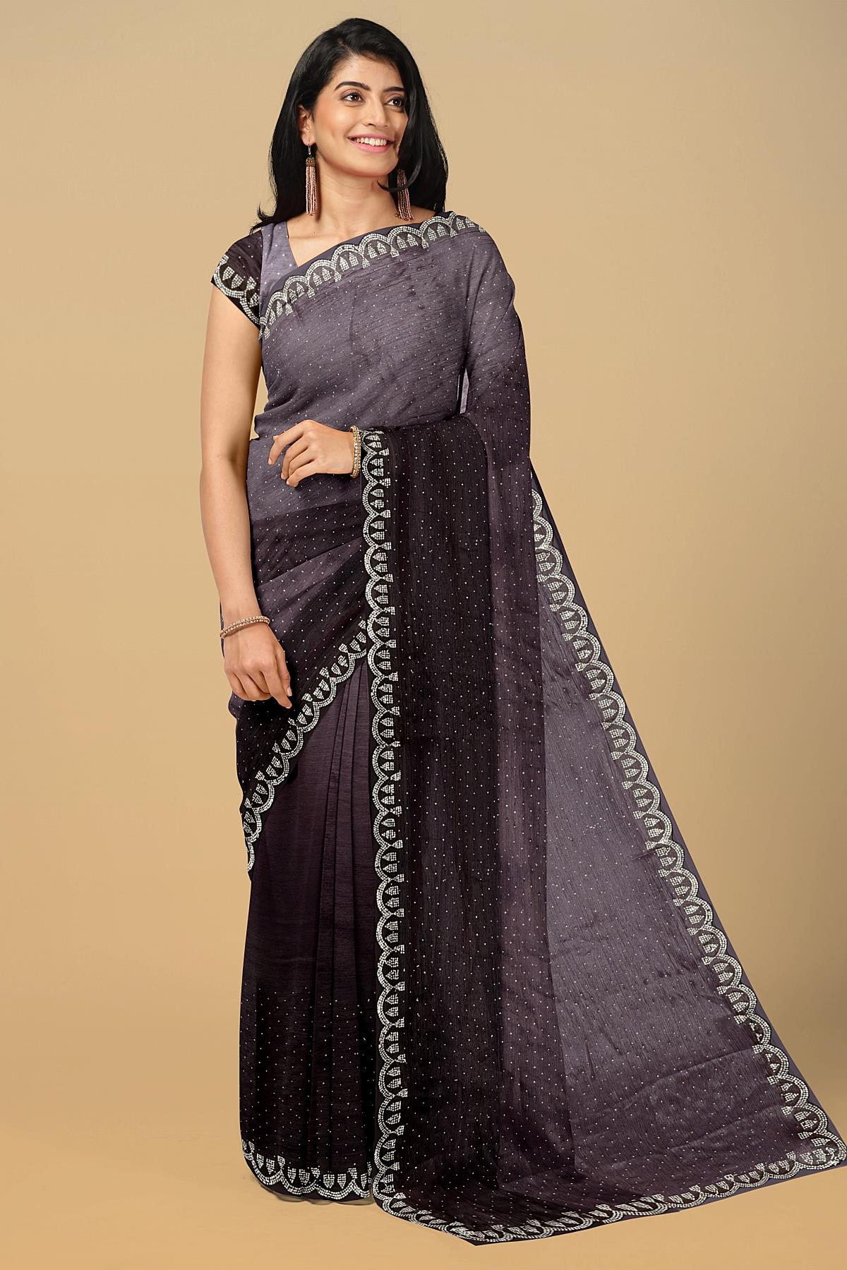 DARK PURPLE and SILVER SOLID GLASS KORA Saree with FANCY