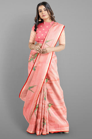 LIGHT PINK and RED BIRDS FIGURE WEAVING SILK Saree with BANARASI