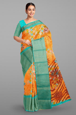 ORANGE and TEAL FLORALS DOLA SILK Saree with FANCY