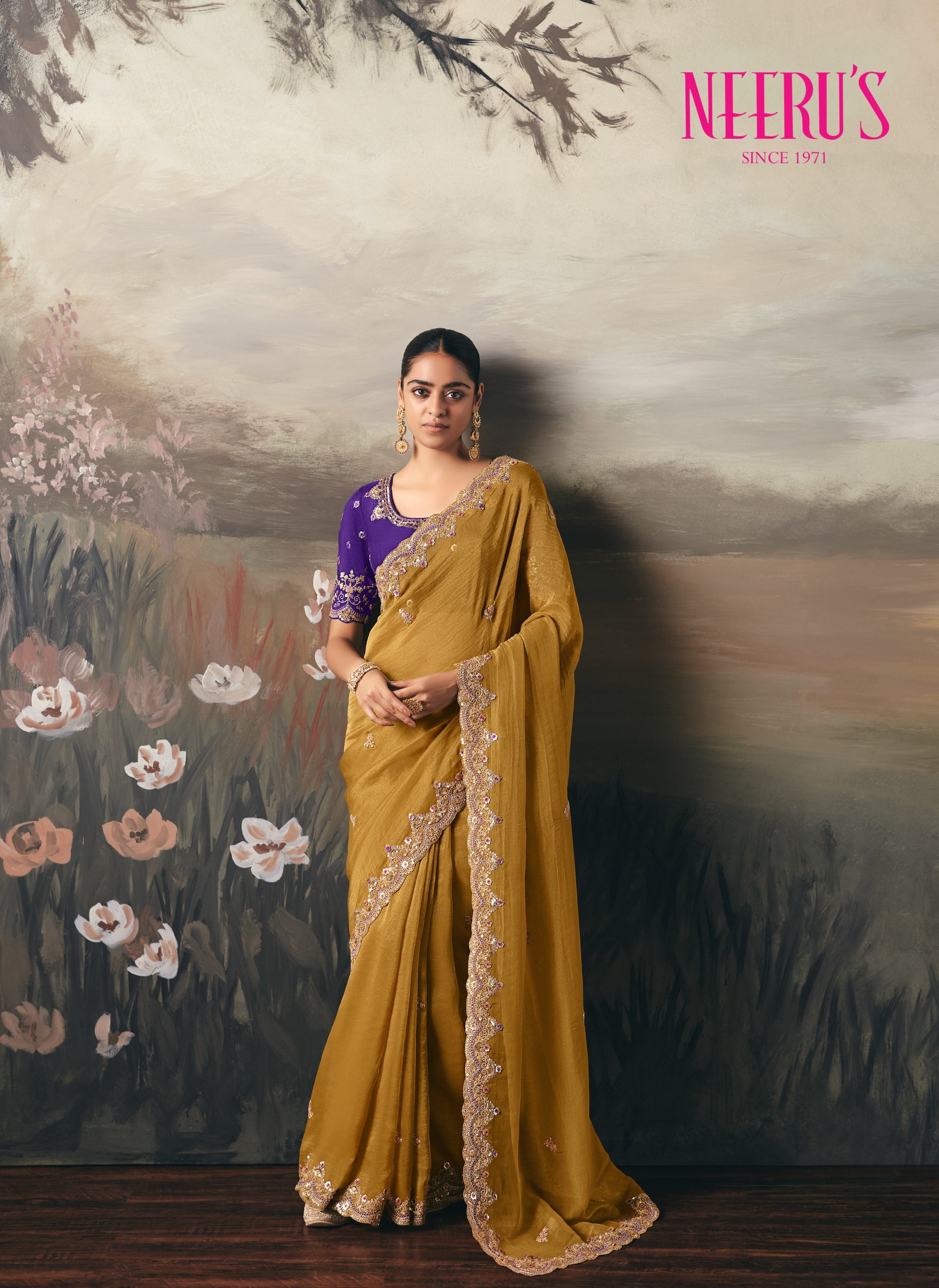 Mustard Tissue Saree With Sequins And Zari Work