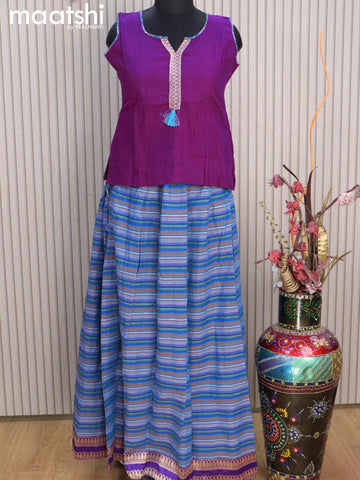 Mangalgiri cotton kids lehenga deep purple and multi colour with patch work neck pattern and allover stripes pattern & zari border for 13 years