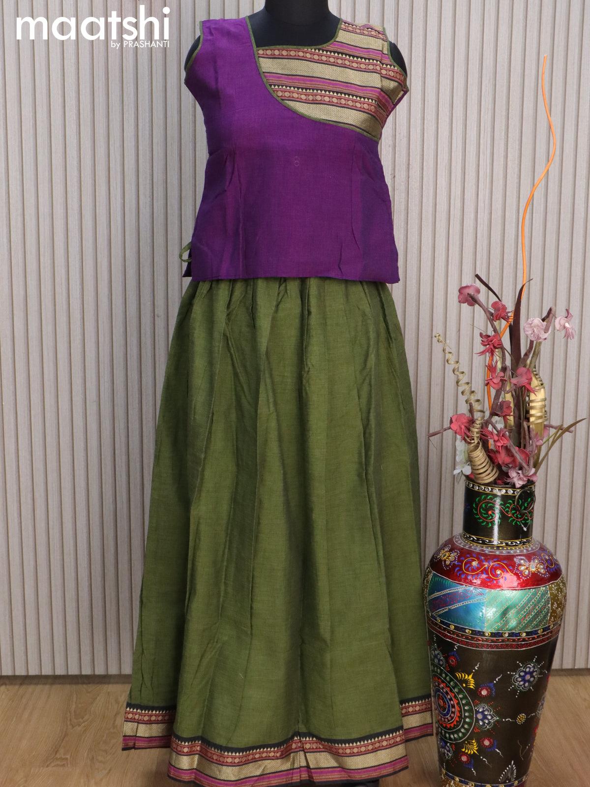 Mangalgiri cotton kids lehenga deep purple and sap green with patch work neck pattern and woven border for 12 years