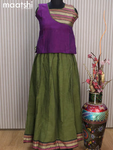 Mangalgiri cotton kids lehenga deep purple and sap green with patch work neck pattern and woven border for 12 years