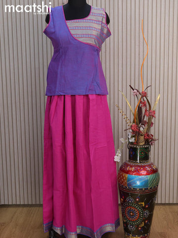 Mangalgiri cotton kids lehenga dual shade of blue and magenta pink with patch work neck pattern and woven border for 14 years