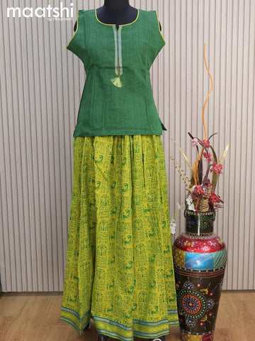 Mangalgiri cotton kids lehenga green and green shade with patch work neck pattern and warli prints & woven border for 15 years