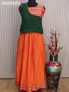 Mangalgiri cotton kids lehenga green and orange with patch work neck pattern and woven border for 11 years