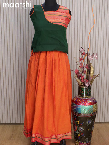 Mangalgiri cotton kids lehenga green and orange with patch work neck pattern and woven border for 11 years