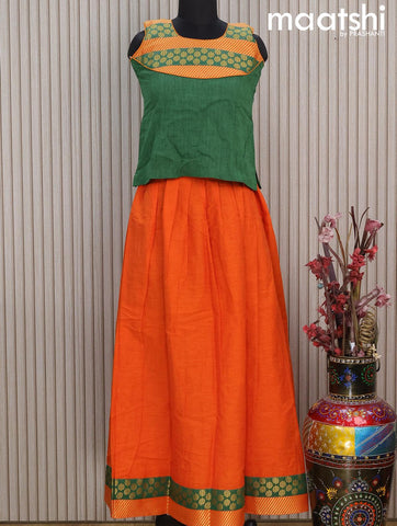 Mangalgiri cotton kids lehenga green and orange with patch work neck pattern and zari woven border Sleeve attached