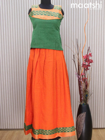 Mangalgiri cotton kids lehenga green and orange with patch work neck pattern and zari woven border Sleeve attached
