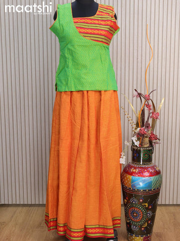 Mangalgiri cotton kids lehenga green and sunset orange with patch work neck pattern and woven border for 14 years