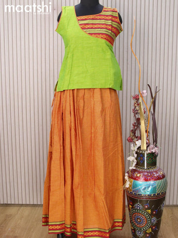 Mangalgiri cotton kids lehenga light green and dual shade of yellow with patch work neck pattern and woven border for 13 years